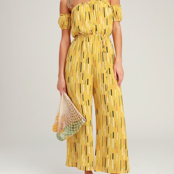 Lulus Pants - Lulu's Off the Shoulder Yellow Jumpsuit
